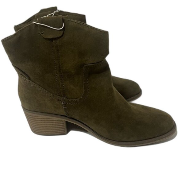 Merona Khaki Western Ankle Boots Block Heel Size 9 Faux Suede New NWT - Picture 3 of 9